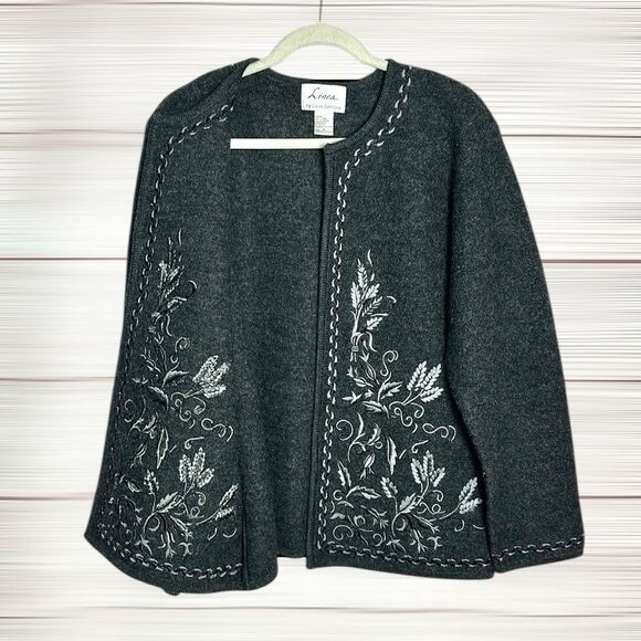 Boiled Wool Cardigan Jacket LINEA Louis Dell'Olio Gray Embroidered Open Front M - Picture 1 of 11